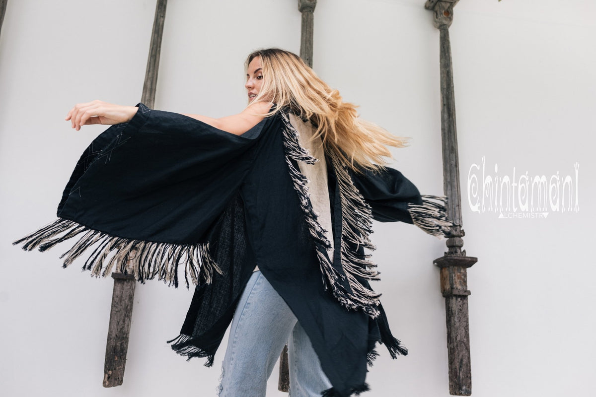 Alma Libra Linen Fringe Kimono ∆ Boho Cardigan Robe / Black - ChintamaniAlchemi