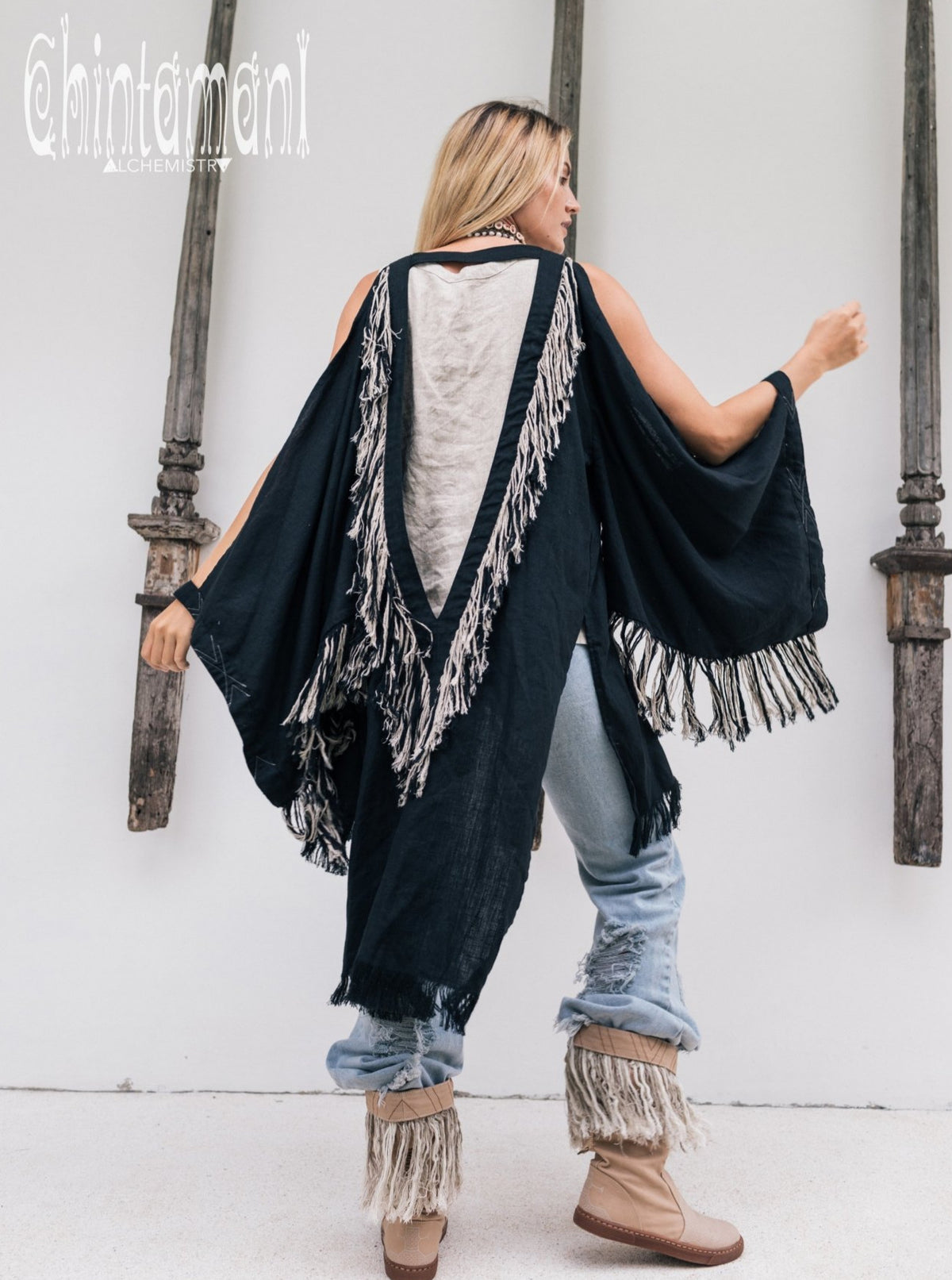 Alma Libra Linen Fringe Kimono ∆ Boho Cardigan Robe / Black - ChintamaniAlchemi