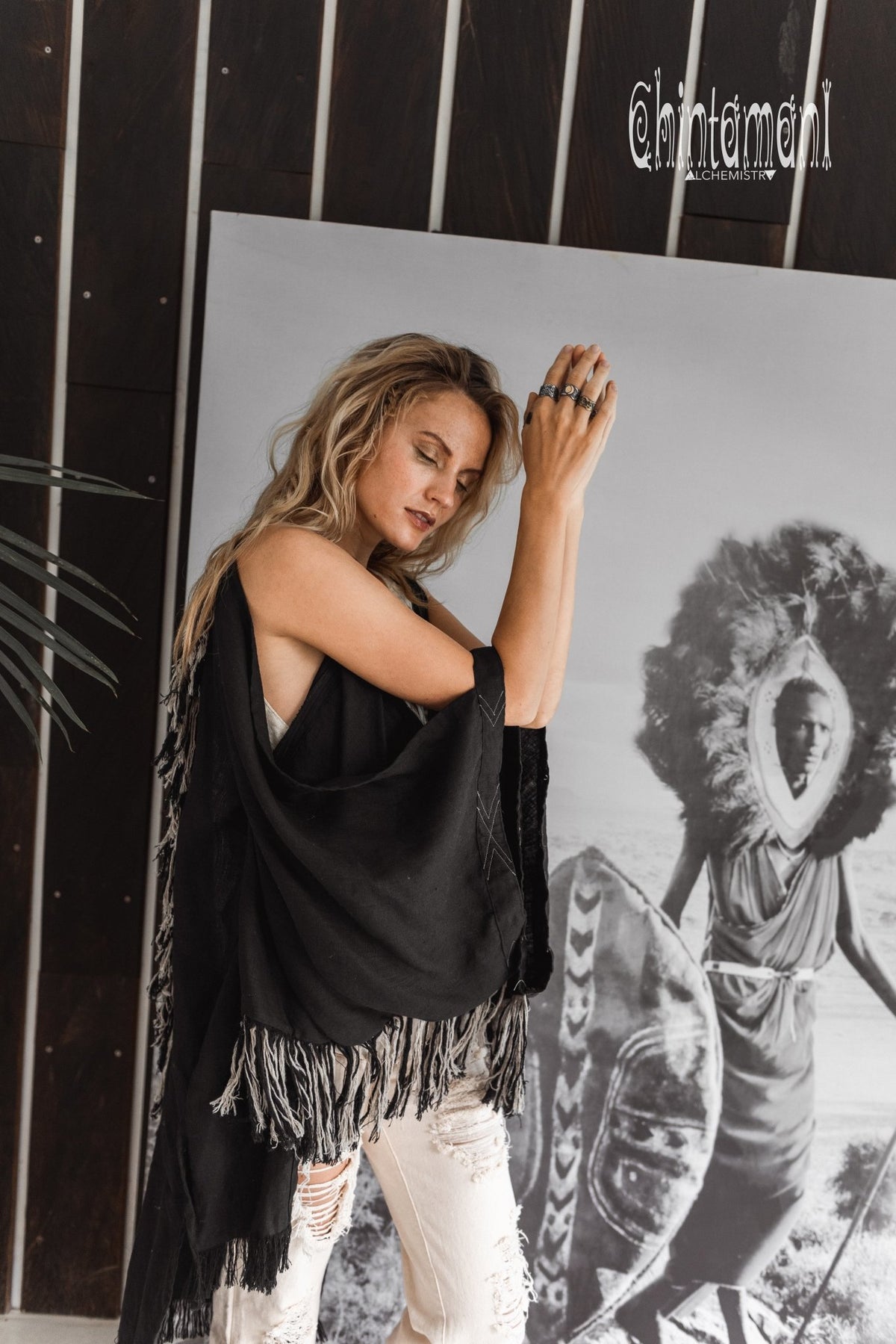 Alma Libra Linen Fringe Kimono ∆ Boho Cardigan Robe / Black - ChintamaniAlchemi