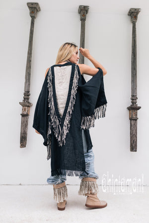 Alma Libra Linen Fringe Kimono ∆ Boho Cardigan Robe / Black - ChintamaniAlchemi