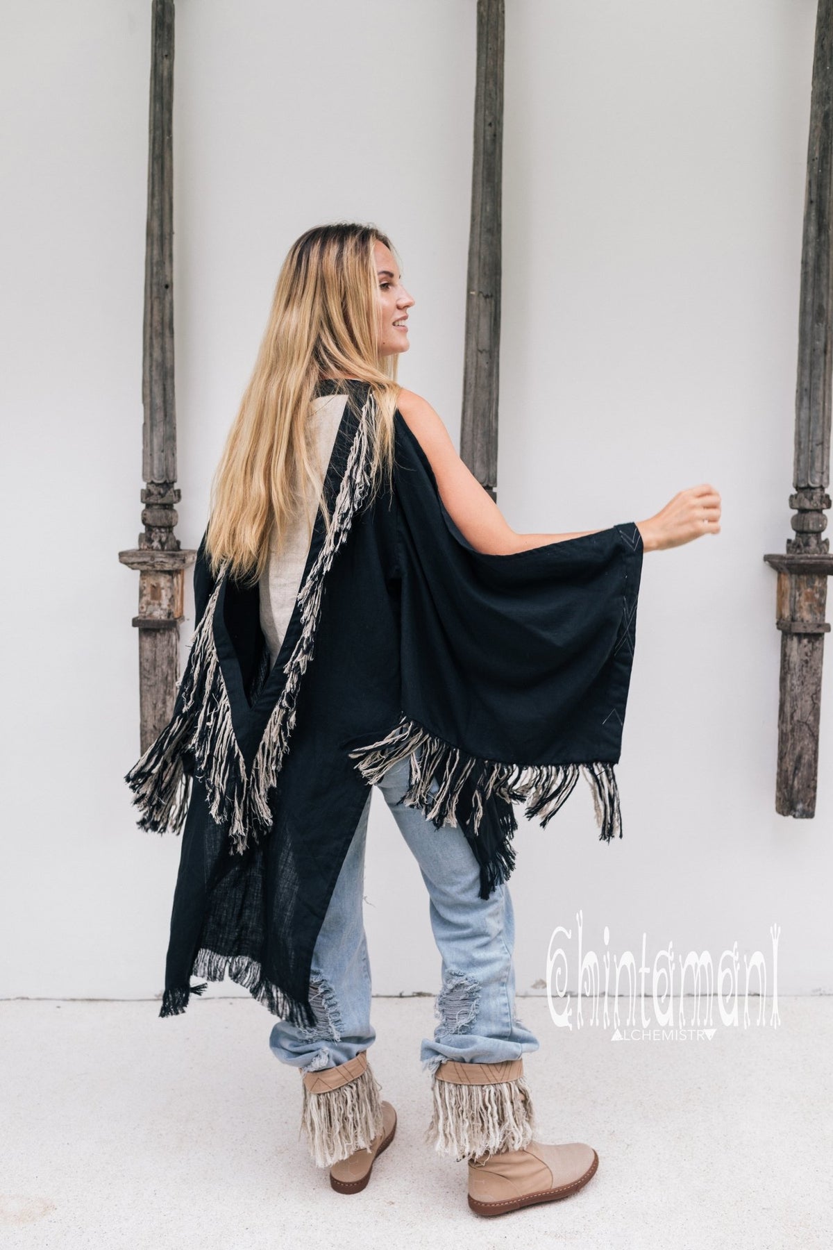 Alma Libra Linen Fringe Kimono ∆ Boho Cardigan Robe / Black - ChintamaniAlchemi