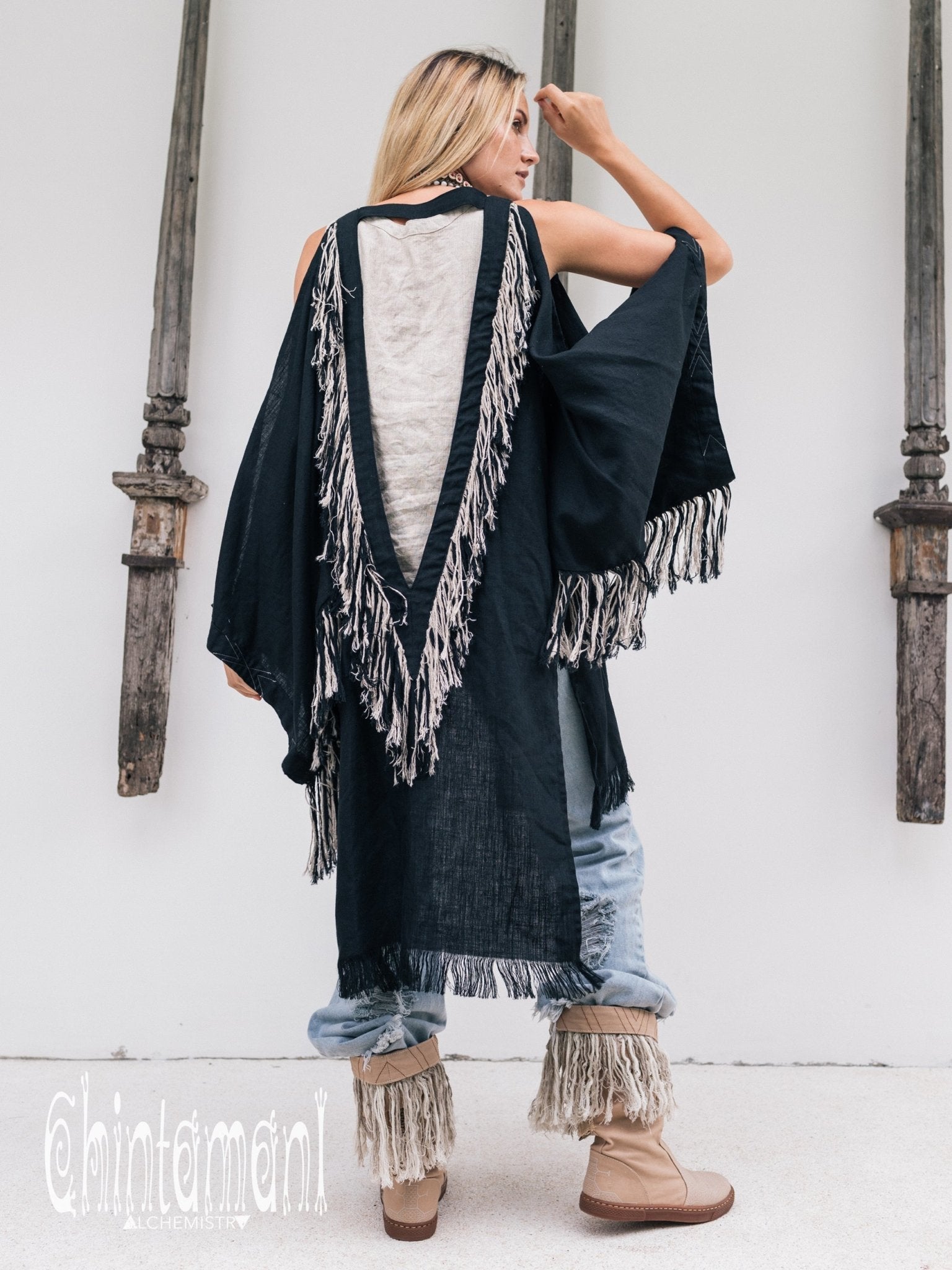 Alma Libra Linen Fringe Kimono ∆ Boho Cardigan Robe / Black - ChintamaniAlchemi