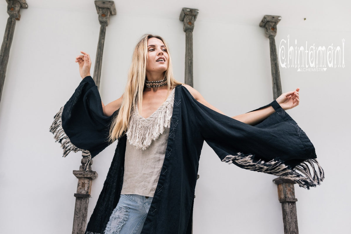 Alma Libra Linen Fringe Kimono ∆ Boho Cardigan Robe / Black - ChintamaniAlchemi