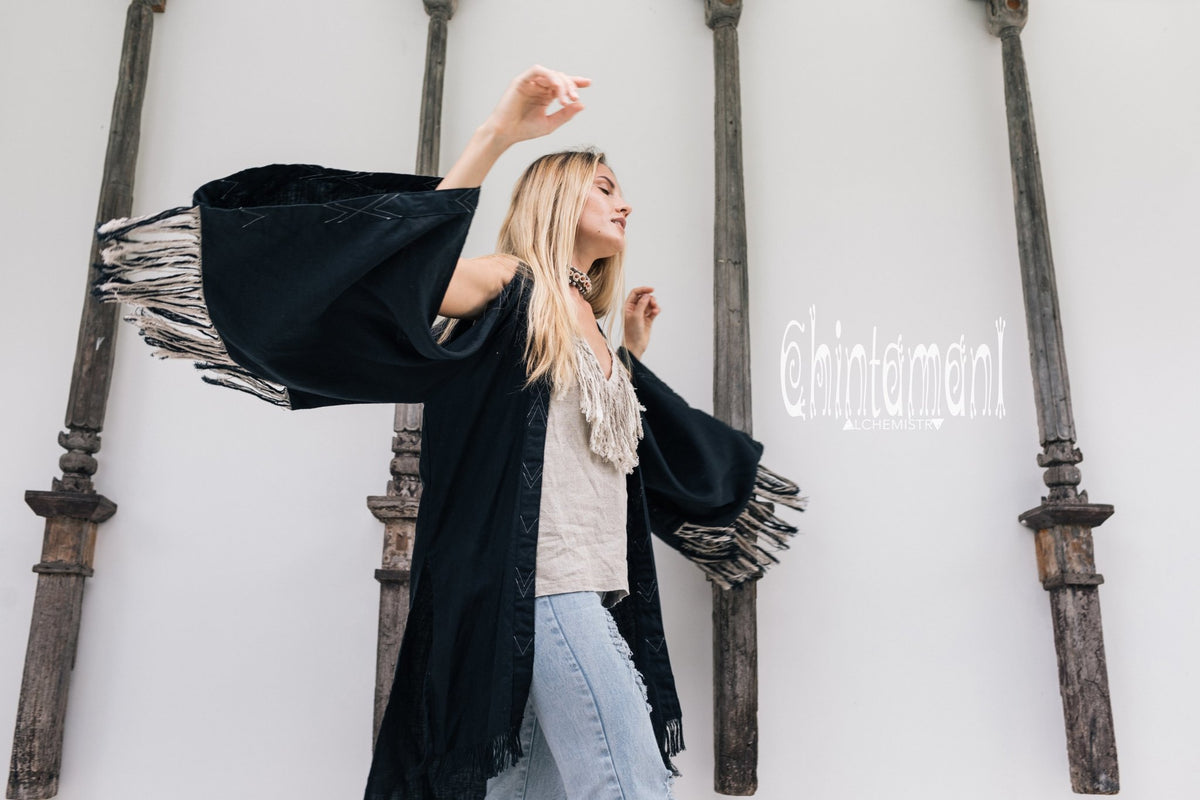 Alma Libra Linen Fringe Kimono ∆ Boho Cardigan Robe / Black - ChintamaniAlchemi