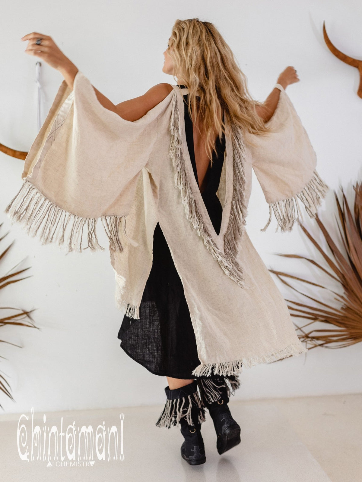 Alma Libra Linen Fringe Kimono ∆ Boho Cardigan Robe / Cream - ChintamaniAlchemi