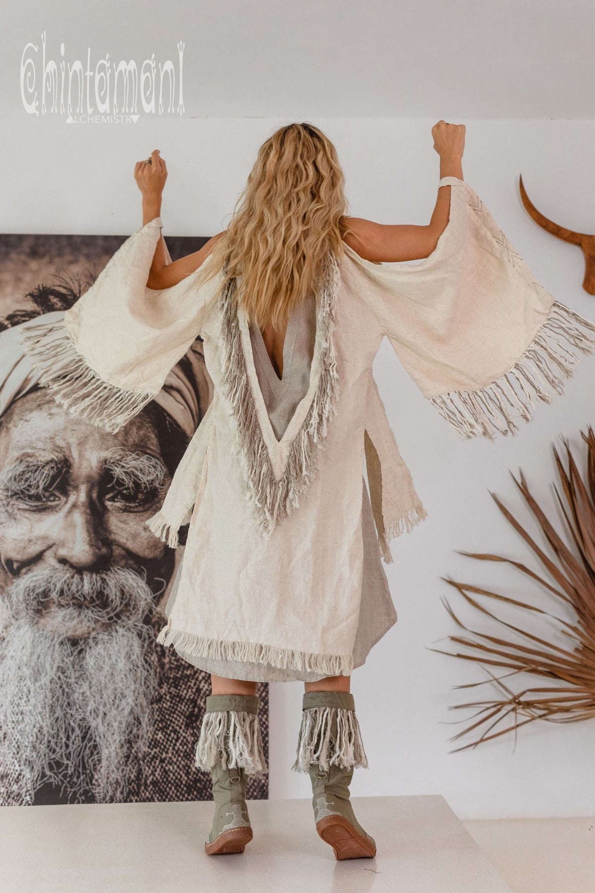 Alma Libra Linen Fringe Kimono ∆ Boho Cardigan Robe / Cream - ChintamaniAlchemi