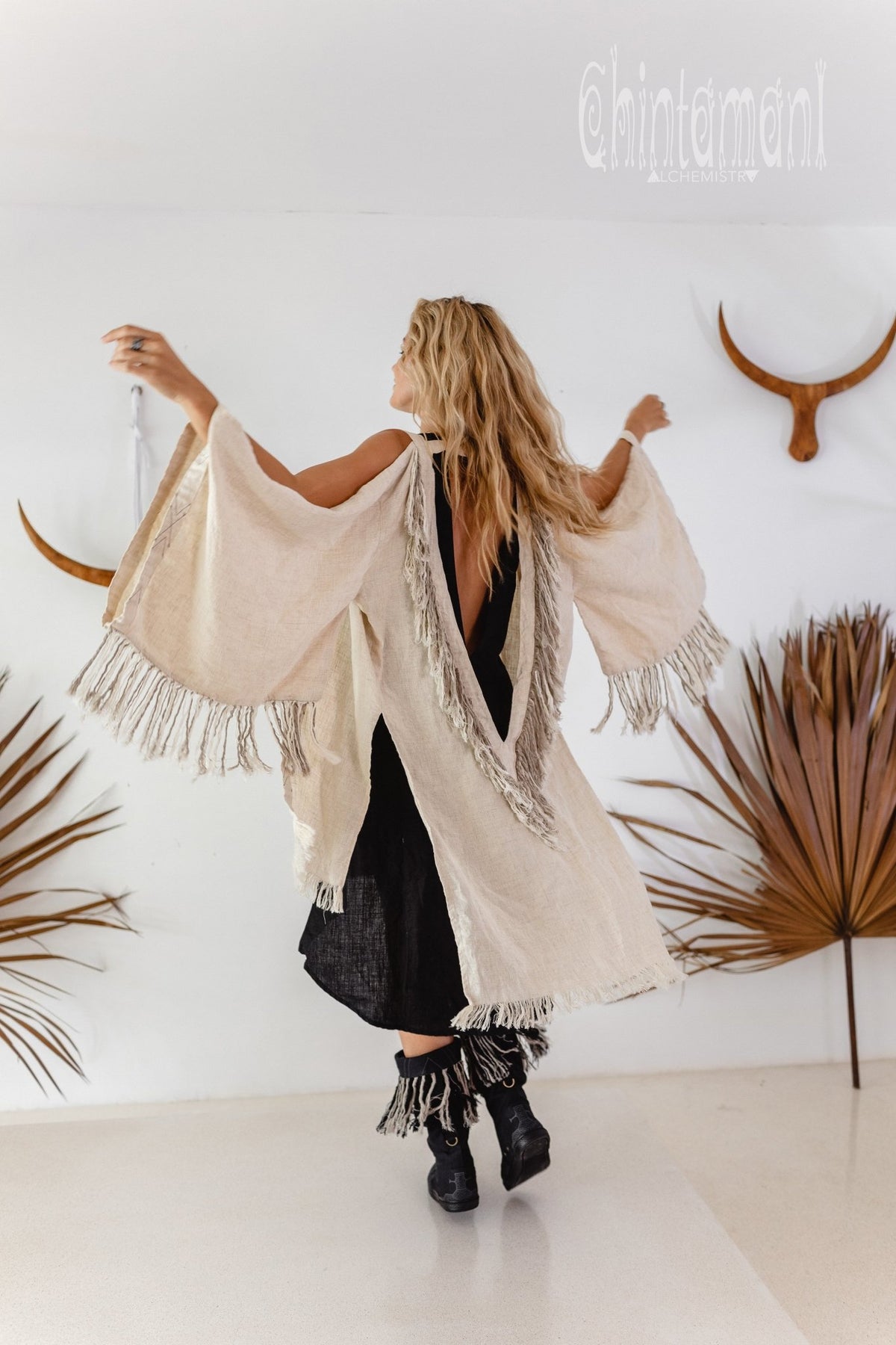 Alma Libra Linen Fringe Kimono ∆ Boho Cardigan Robe / Cream - ChintamaniAlchemi