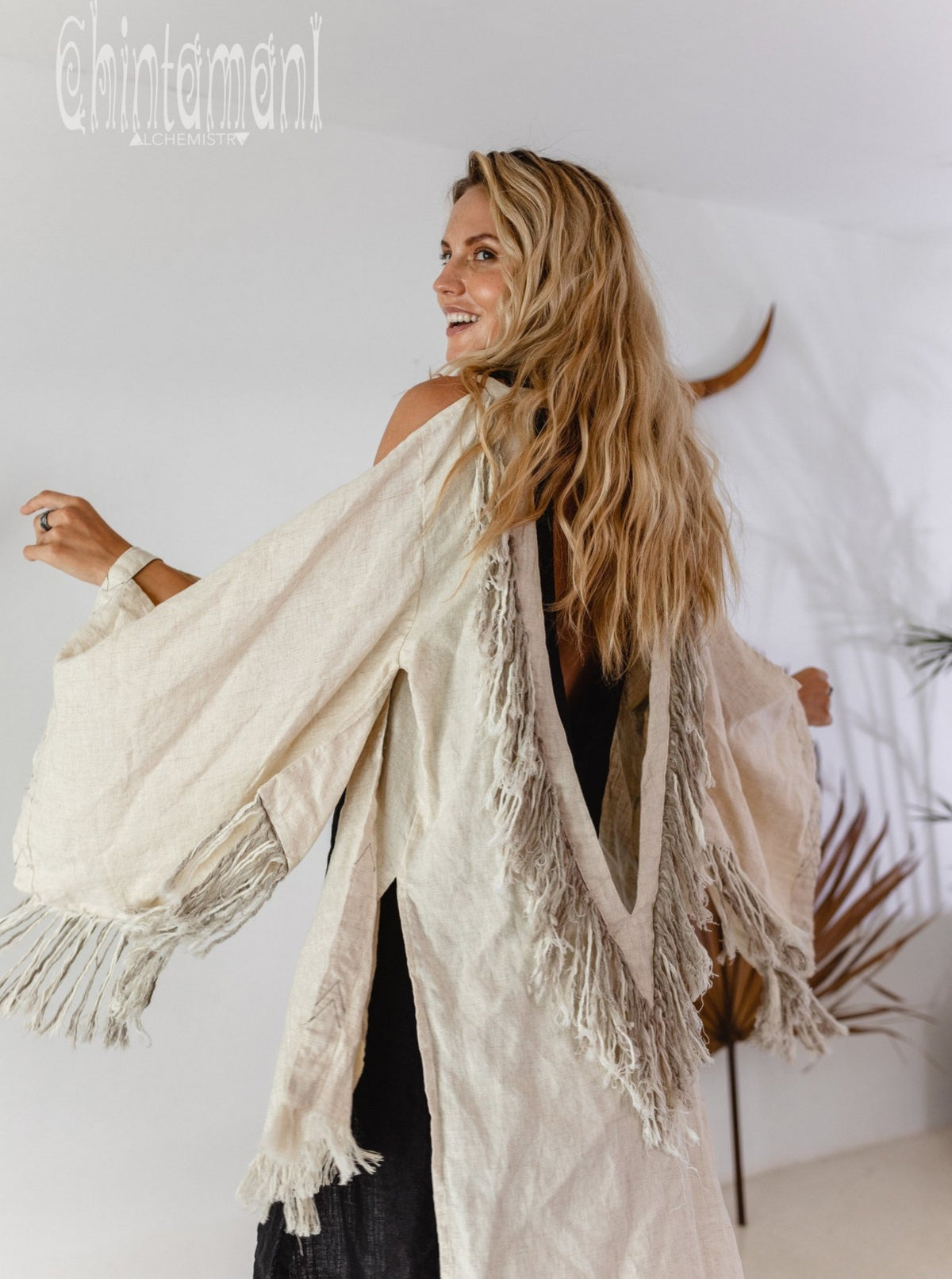 Alma Libra Linen Fringe Kimono ∆ Boho Cardigan Robe / Cream - ChintamaniAlchemi