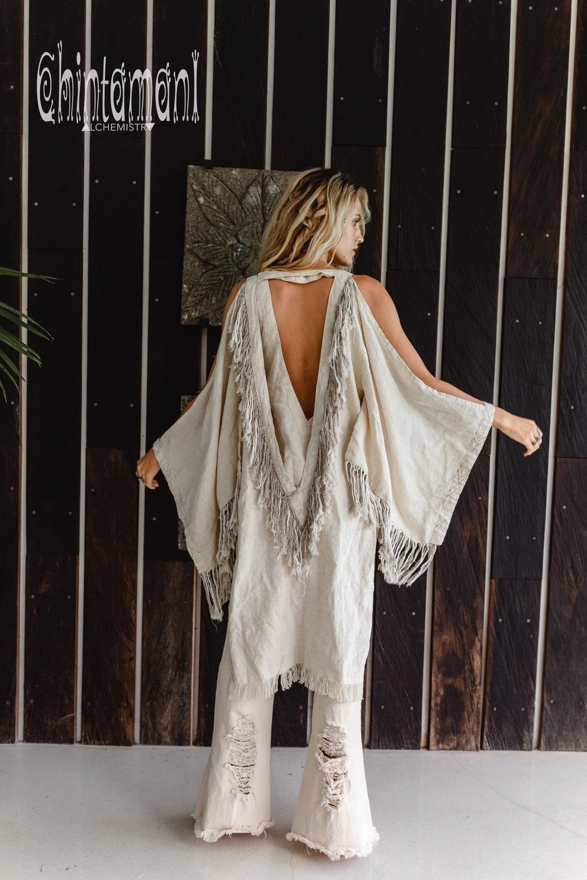 Alma Libra Linen Fringe Kimono ∆ Boho Cardigan Robe / Cream - ChintamaniAlchemi