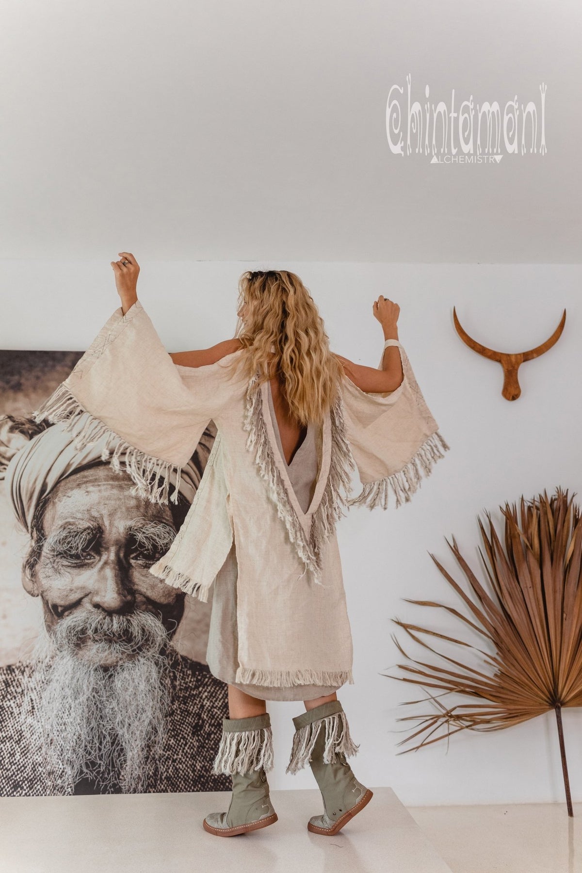 Alma Libra Linen Fringe Kimono ∆ Boho Cardigan Robe / Cream - ChintamaniAlchemi