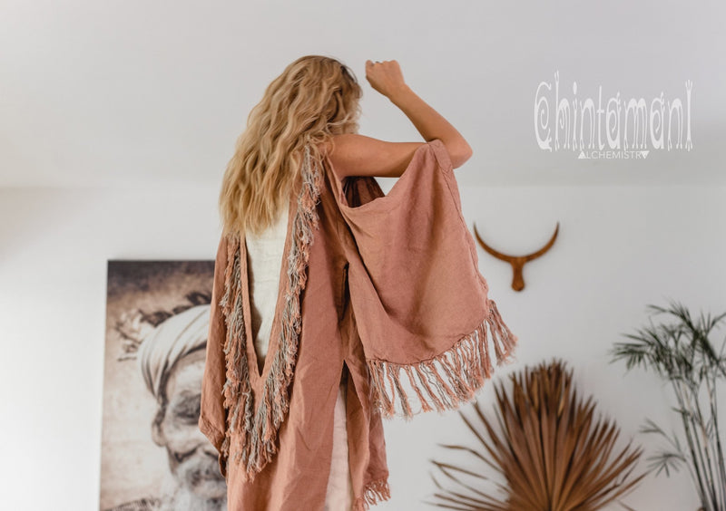 Alma Libra Linen Fringe Kimono ∆ Boho Cardigan Robe / Dusty Pink - ChintamaniAlchemi