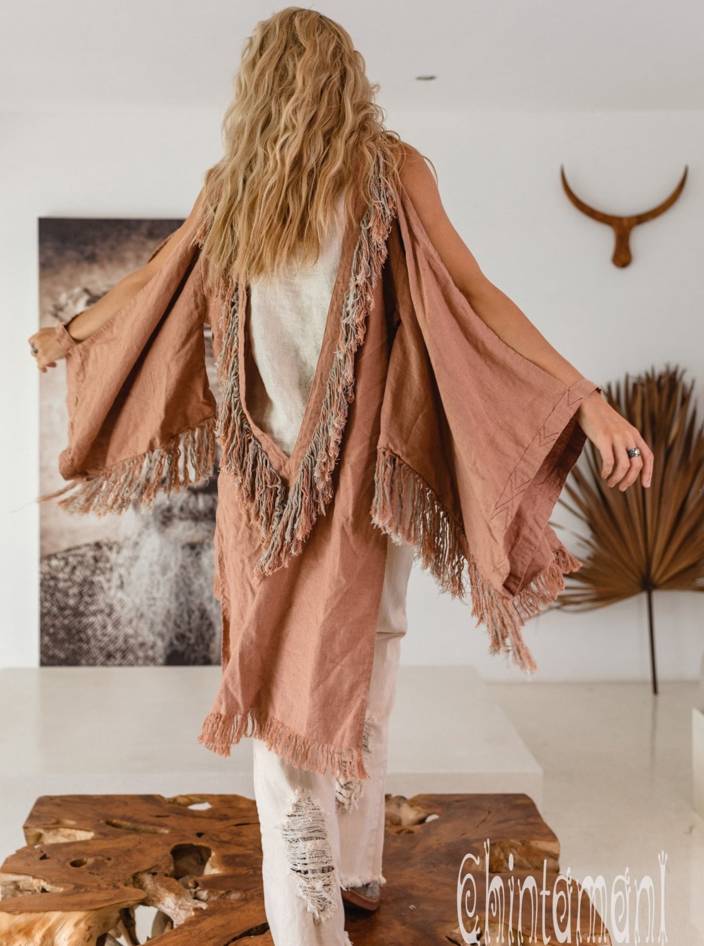 Dusty Alma Fringe / Boho Libra Robe Pink Linen – Cardigan ∆ Kimono ChintamaniAlchemi
