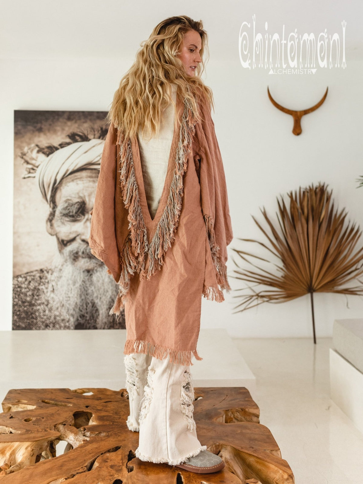 Alma Libra Linen Fringe Kimono ∆ Boho Cardigan Robe / Dusty Pink - ChintamaniAlchemi