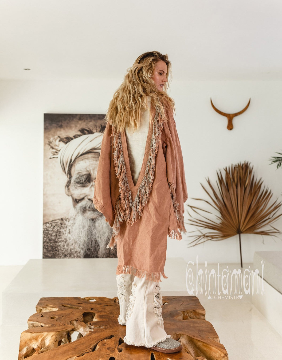 Alma Libra Linen Fringe Kimono ∆ Boho Cardigan Robe / Dusty Pink - ChintamaniAlchemi