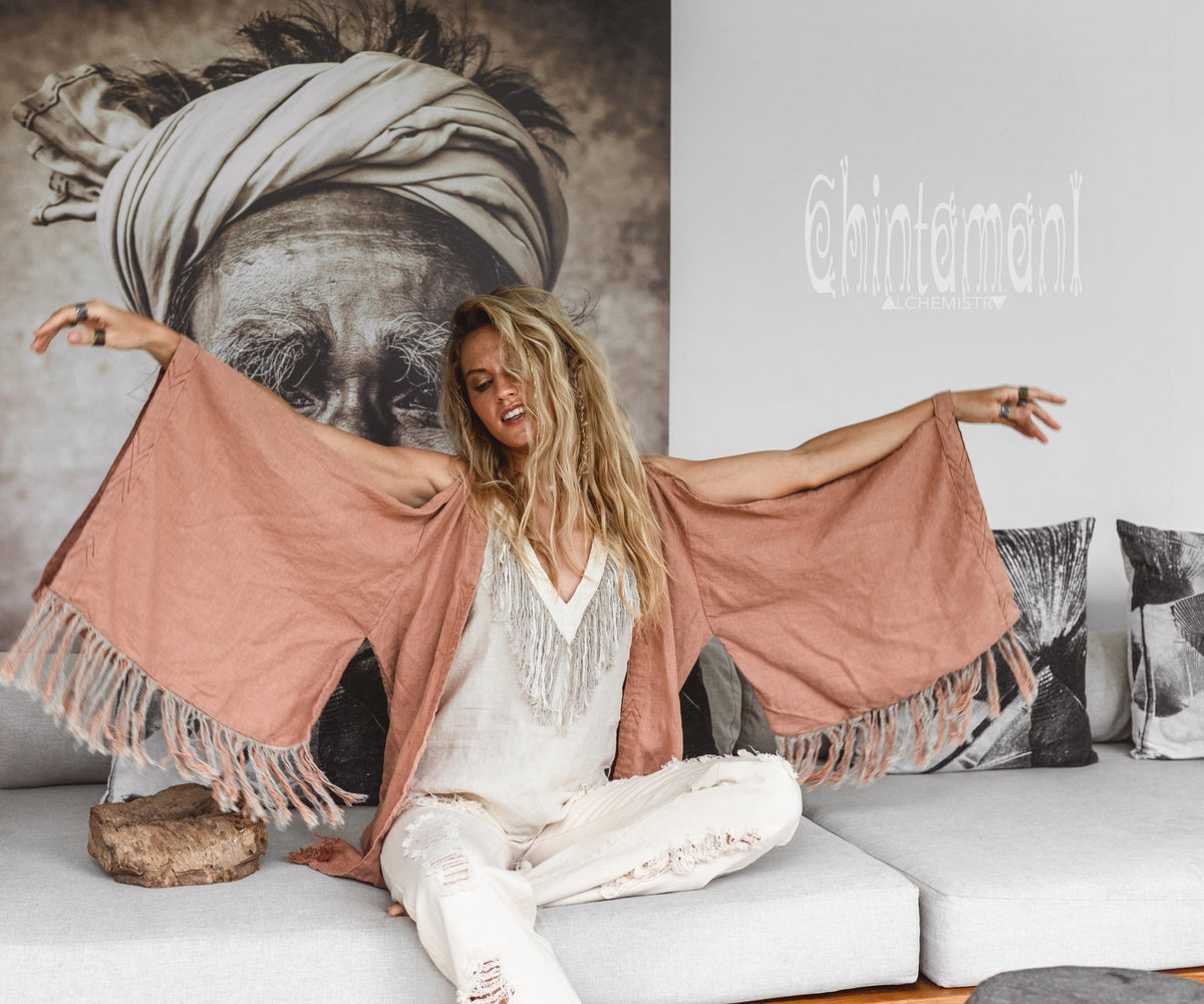 Alma Libra Linen Fringe Kimono ∆ Boho Cardigan Robe / Dusty Pink - ChintamaniAlchemi