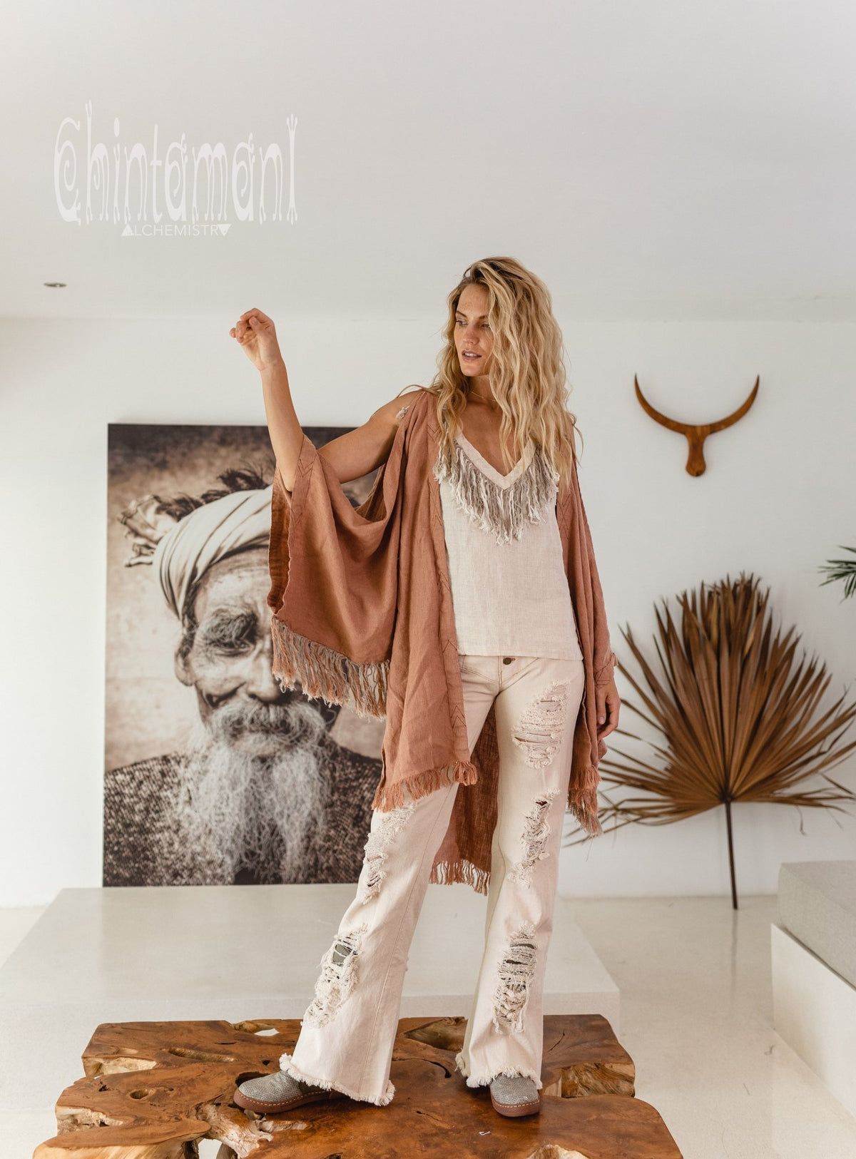 Alma Libra Linen Fringe Kimono ∆ Boho Cardigan Robe / Dusty Pink - ChintamaniAlchemi