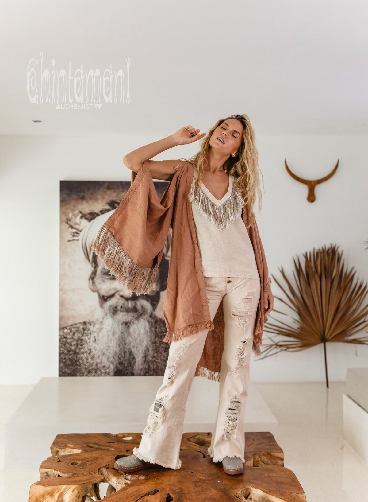 Alma Libra Linen Fringe Kimono ∆ Boho Cardigan Robe / Dusty Pink - ChintamaniAlchemi