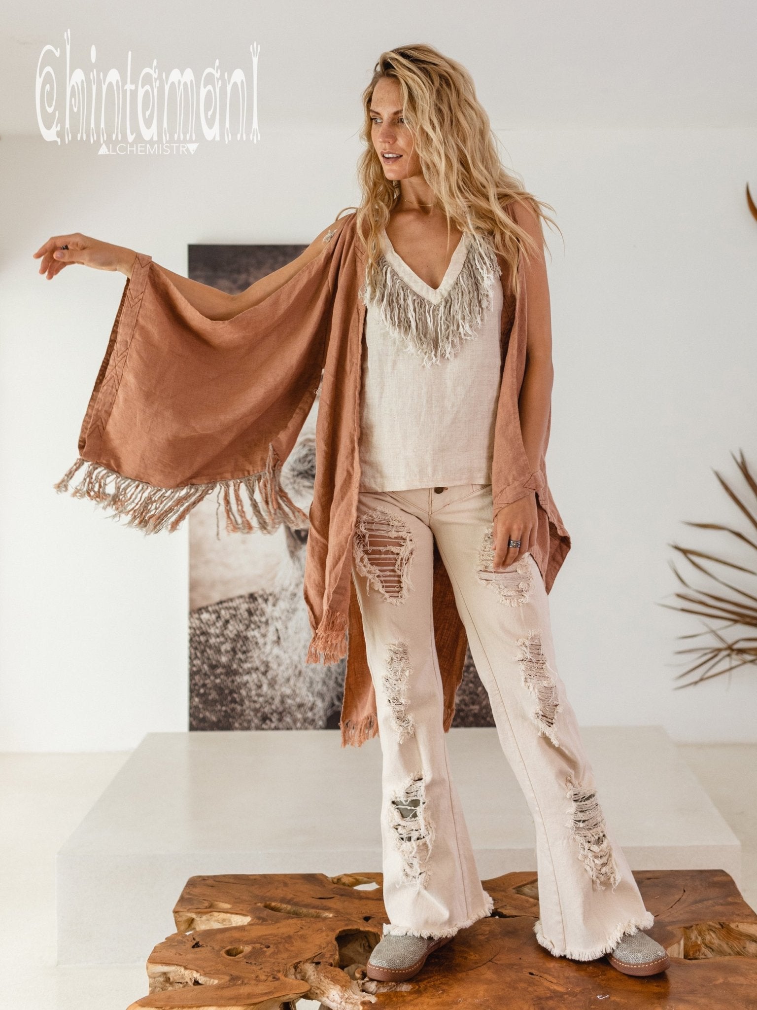 Alma Libra Linen Fringe Kimono ∆ Boho Cardigan Robe / Dusty Pink - ChintamaniAlchemi