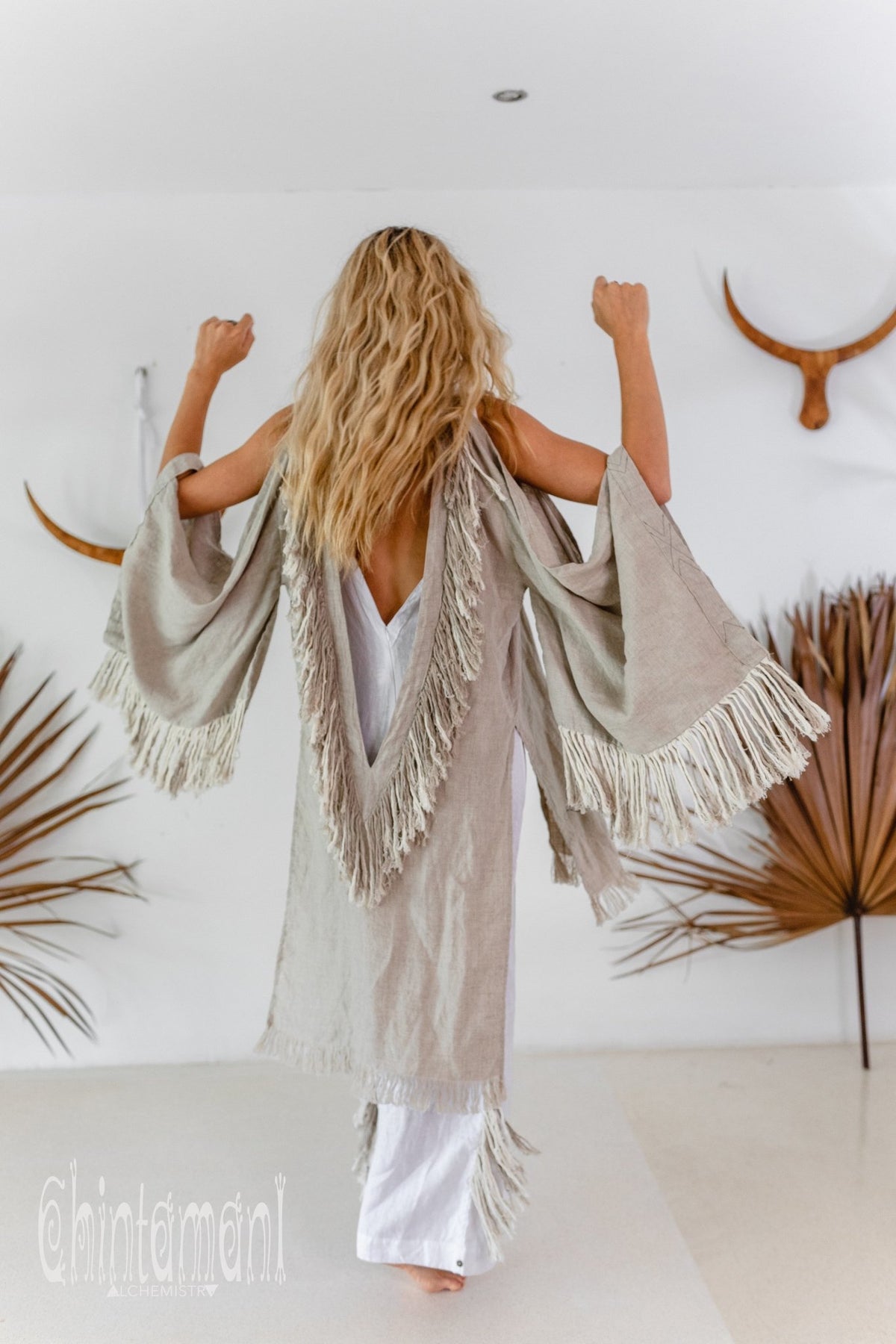 Alma Libra Linen Fringe Kimono ∆ Boho Cardigan Robe / Natural Gray - ChintamaniAlchemi