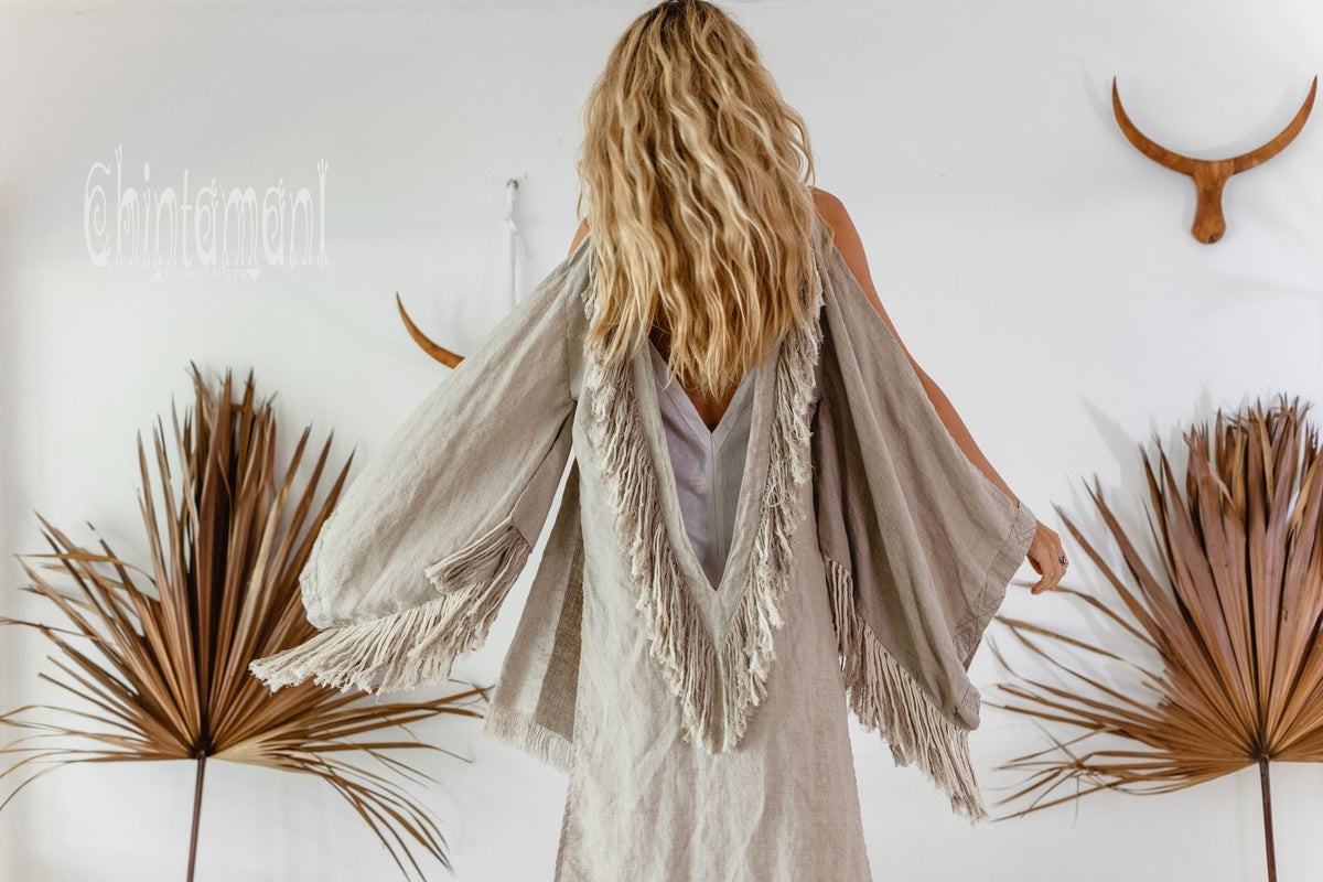 Alma Libra Linen Fringe Kimono ∆ Boho Cardigan Robe / Natural Gray - ChintamaniAlchemi