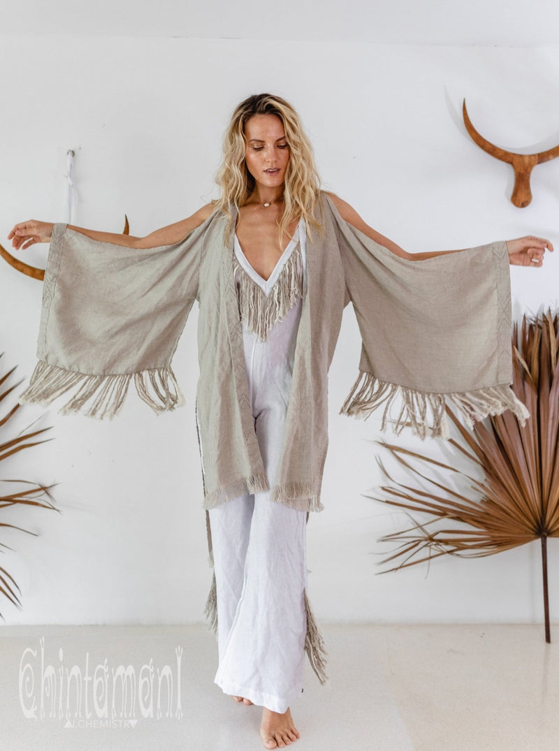 Alma Libra Linen Fringe Kimono ∆ Boho Cardigan Robe / Natural Gray - ChintamaniAlchemi