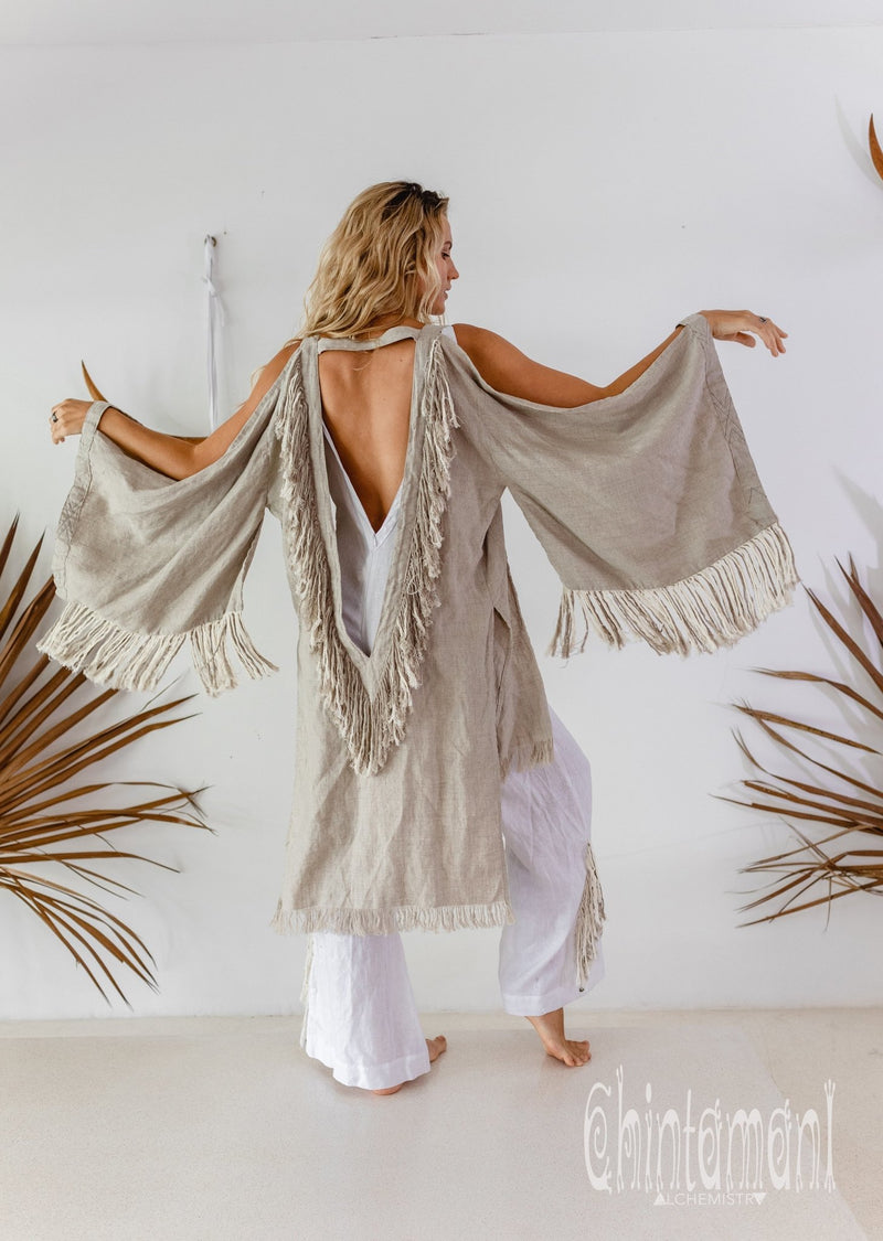 Alma Libra Linen Fringe Kimono ∆ Boho Cardigan Robe / Natural Gray - ChintamaniAlchemi
