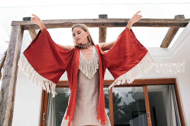 Alma Libra Linen Fringe Kimono ∆ Boho Cardigan Robe / Red Ochre - ChintamaniAlchemi