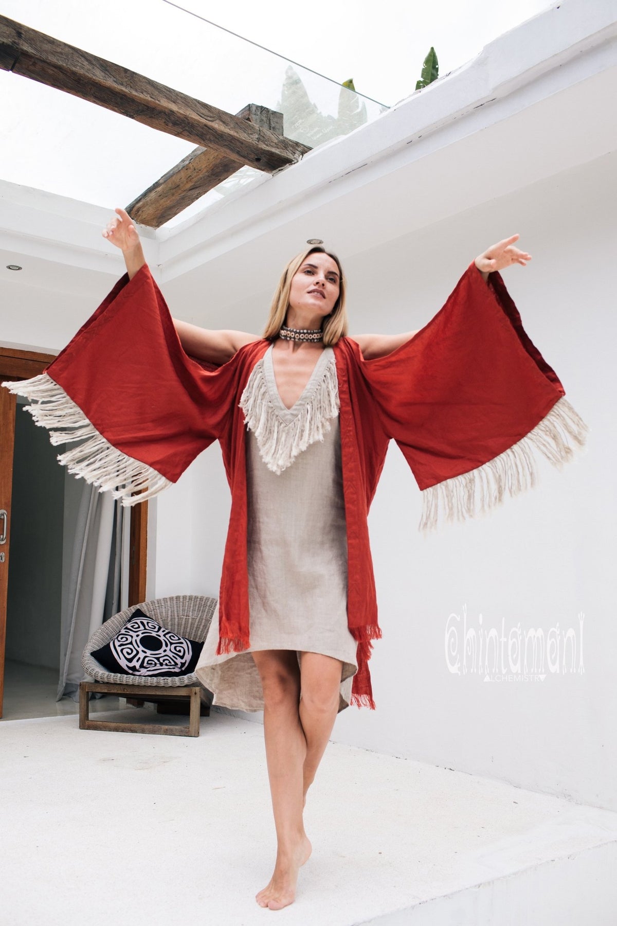 Alma Libra Linen Fringe Kimono ∆ Boho Cardigan Robe / Red Ochre - ChintamaniAlchemi