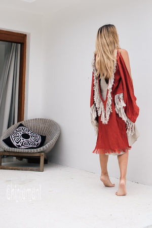 Alma Libra Linen Fringe Kimono ∆ Boho Cardigan Robe / Red Ochre - ChintamaniAlchemi