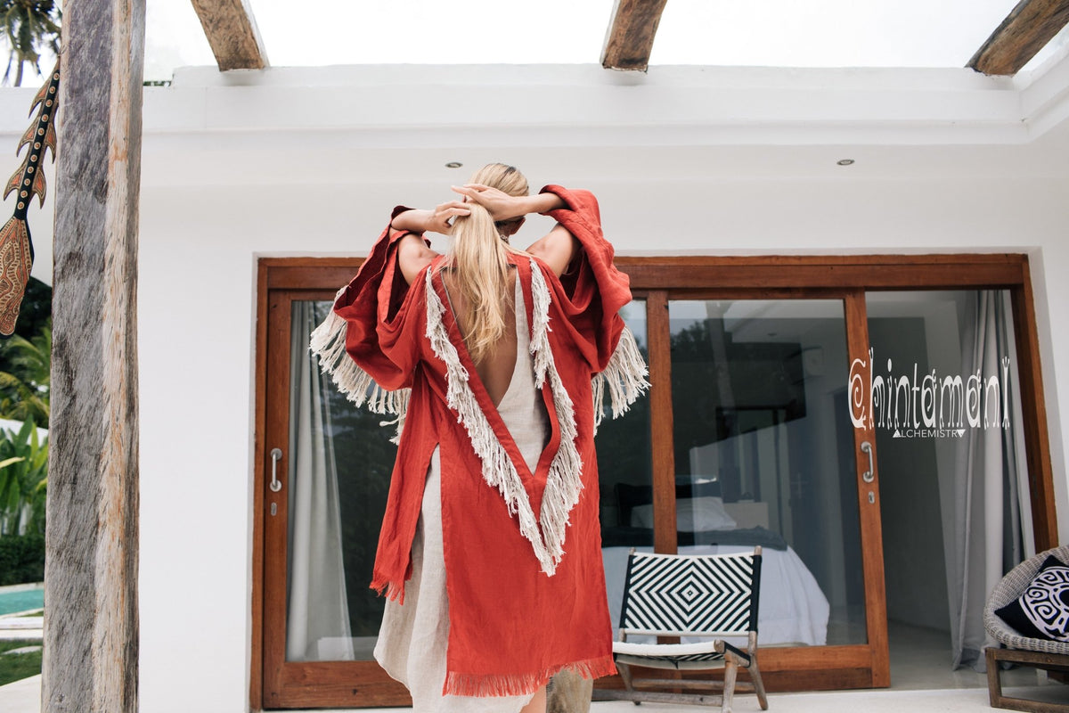 Alma Libra Linen Fringe Kimono ∆ Boho Cardigan Robe / Red Ochre - ChintamaniAlchemi