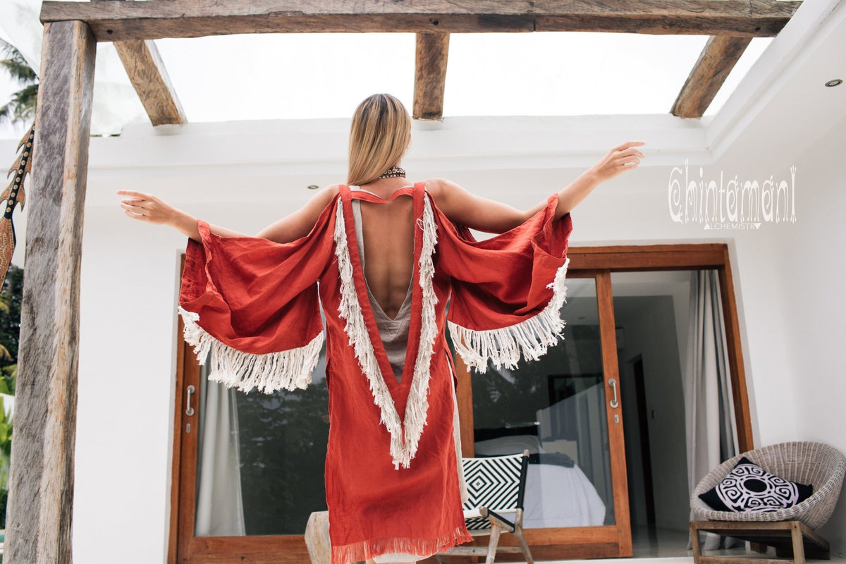 Alma Libra Linen Fringe Kimono ∆ Boho Cardigan Robe / Red Ochre - ChintamaniAlchemi