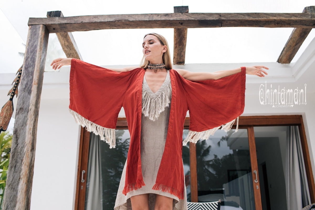 Alma Libra Linen Fringe Kimono ∆ Boho Cardigan Robe / Red Ochre - ChintamaniAlchemi