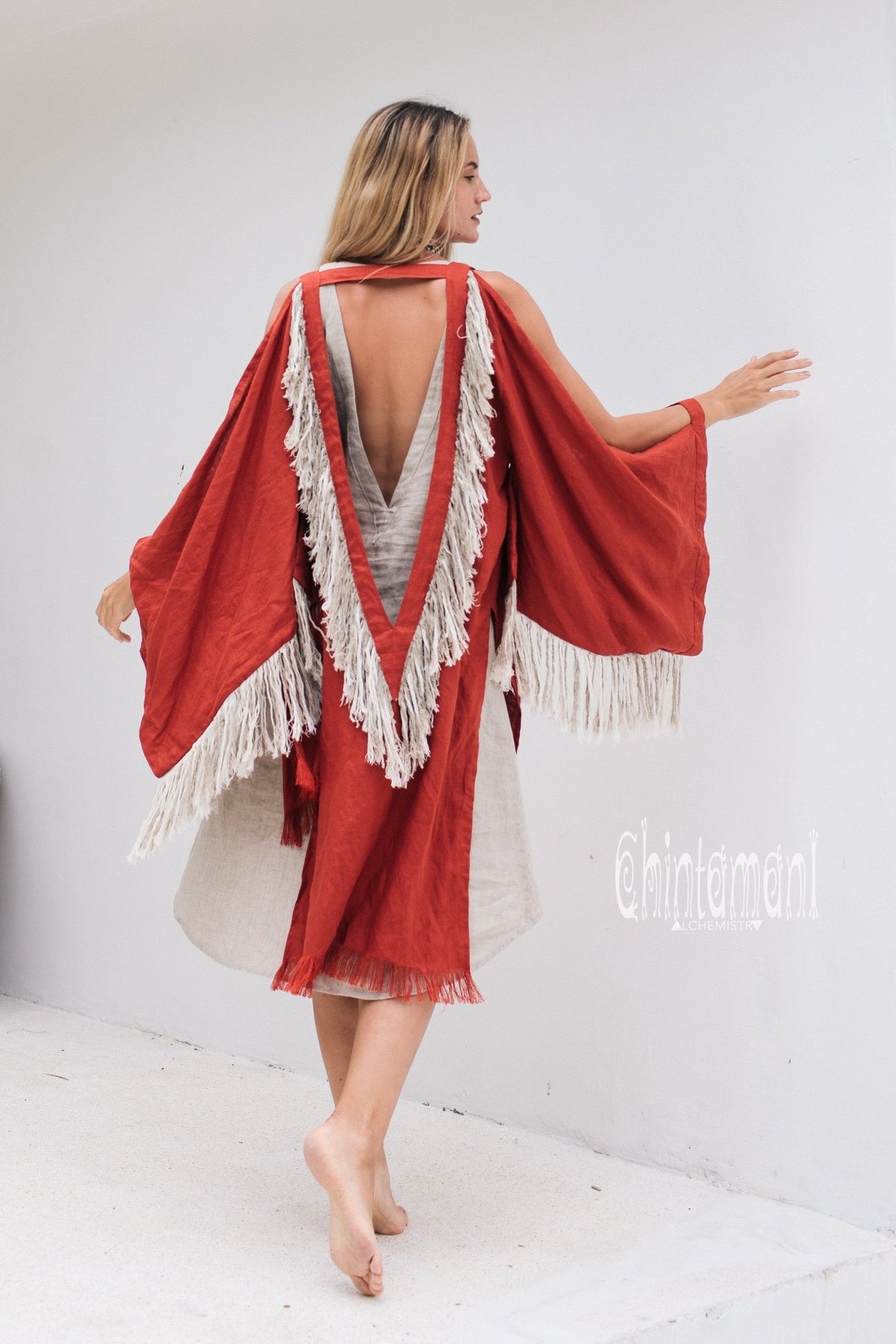 Alma Libra Linen Fringe Kimono ∆ Boho Cardigan Robe / Red Ochre - ChintamaniAlchemi