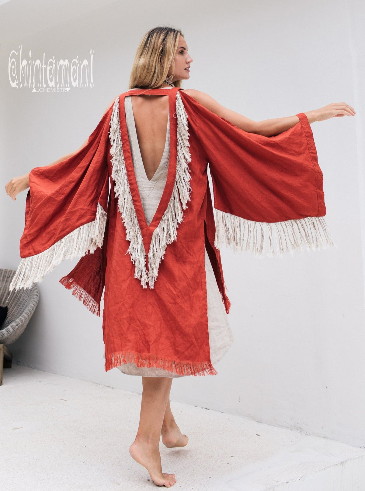 Alma Libra Linen Fringe Kimono ∆ Boho Cardigan Robe / Red Ochre - ChintamaniAlchemi