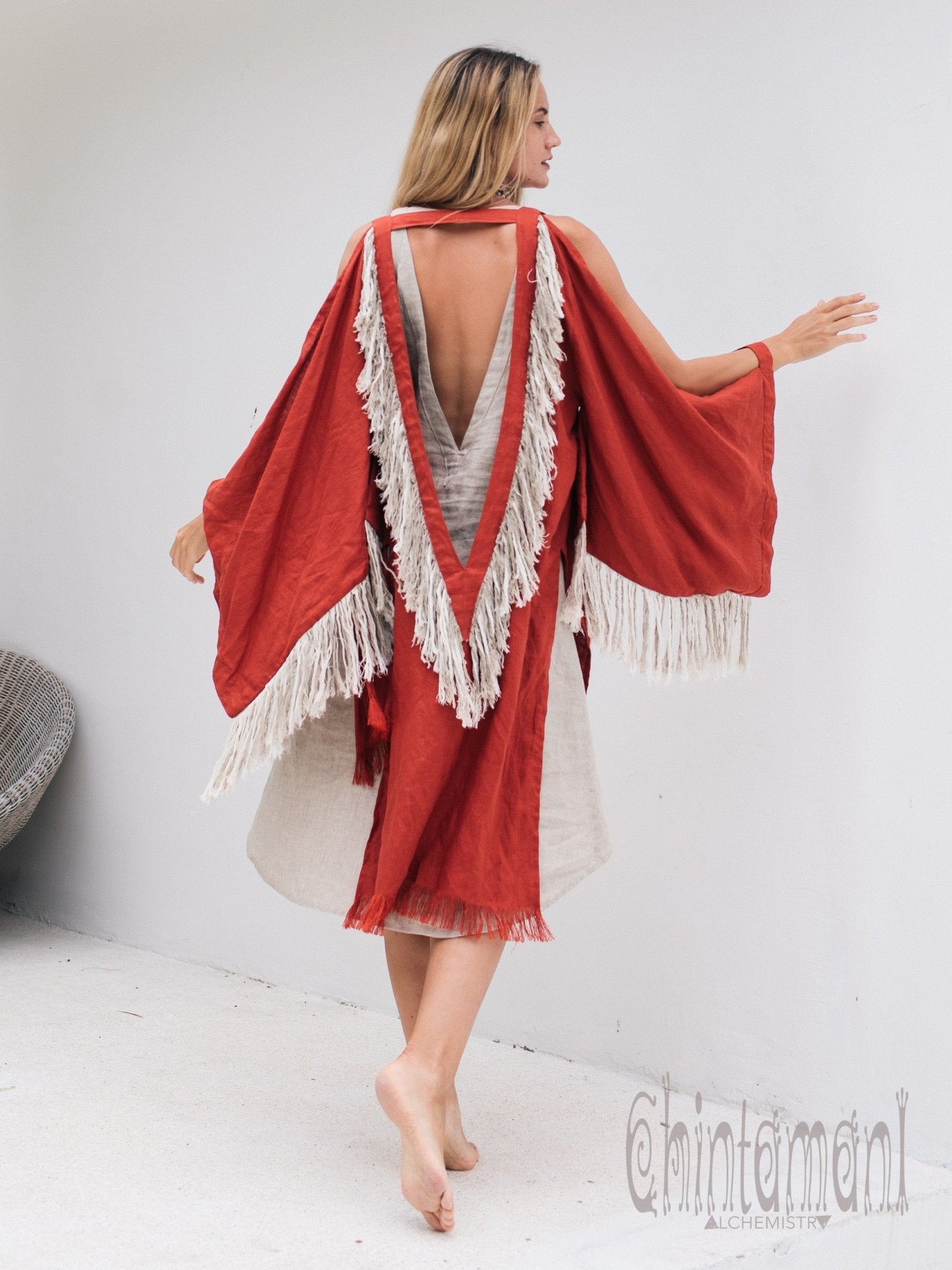 Alma Libra Linen Fringe Kimono ∆ Boho Cardigan Robe / Red Ochre - ChintamaniAlchemi