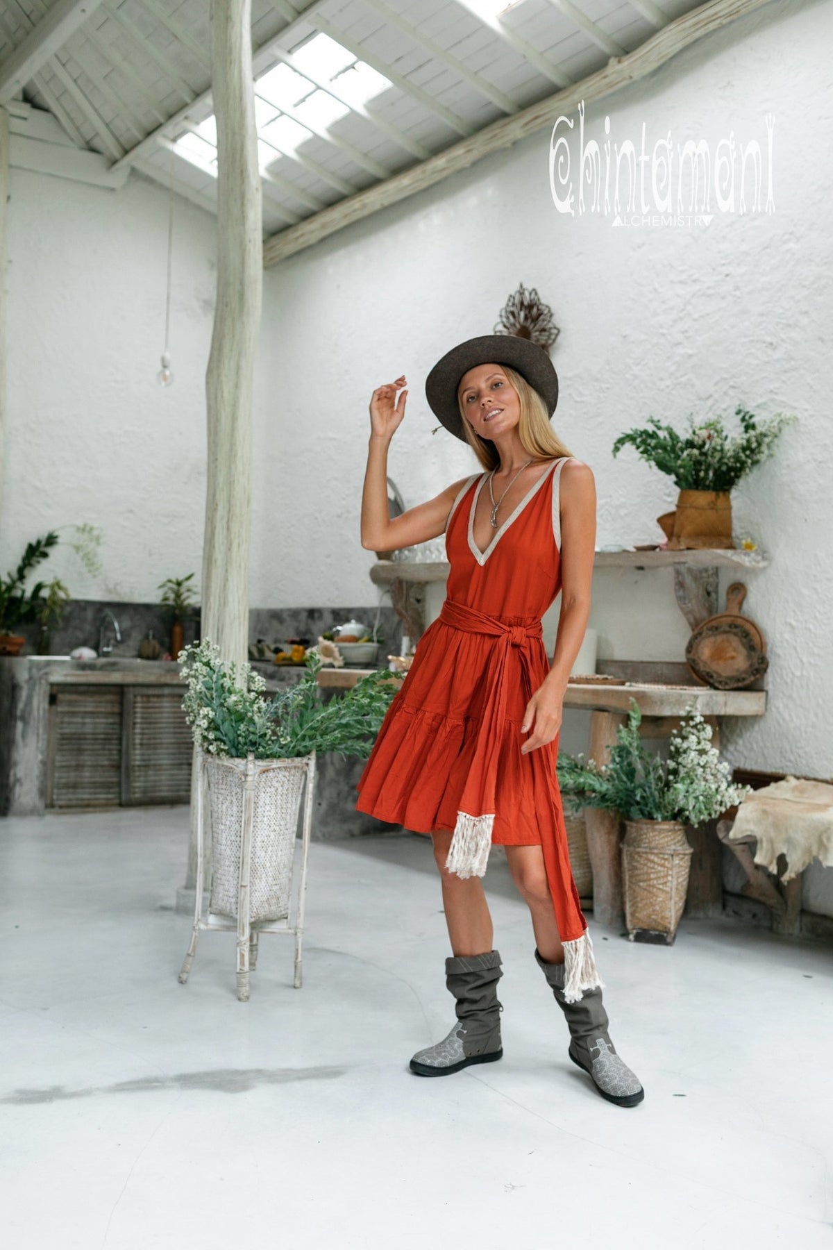 Alma Libra Tiered Midi Dress / Bamboo / Red Ochre - ChintamaniAlchemi