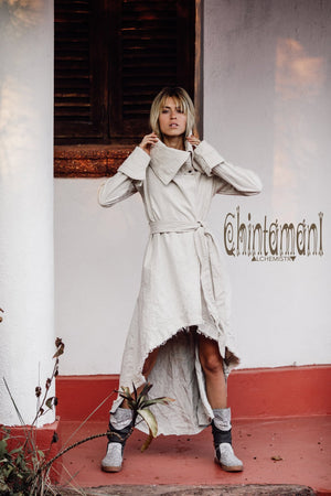 Asymmetric High Neck Canvas Trench Coat for Women / Off White - ChintamaniAlchemi