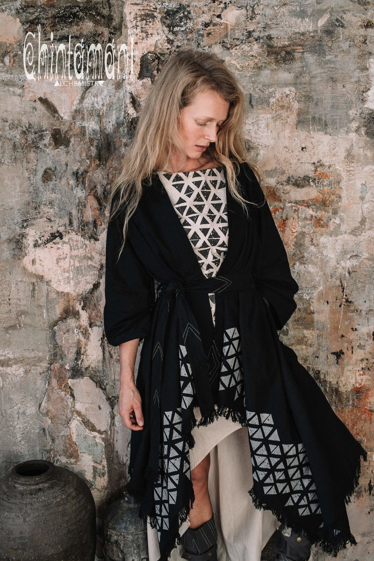 Asymmetric Huge Mantle Cardigan for Women / Raw Cotton Kimono Wrap / Black - ChintamaniAlchemi