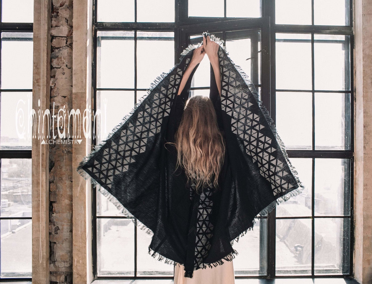 Asymmetric Huge Mantle Cardigan for Women / Raw Cotton Kimono Wrap / Black - ChintamaniAlchemi