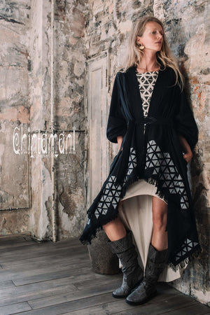 Asymmetric Huge Mantle Cardigan for Women / Raw Cotton Kimono Wrap / Black - ChintamaniAlchemi