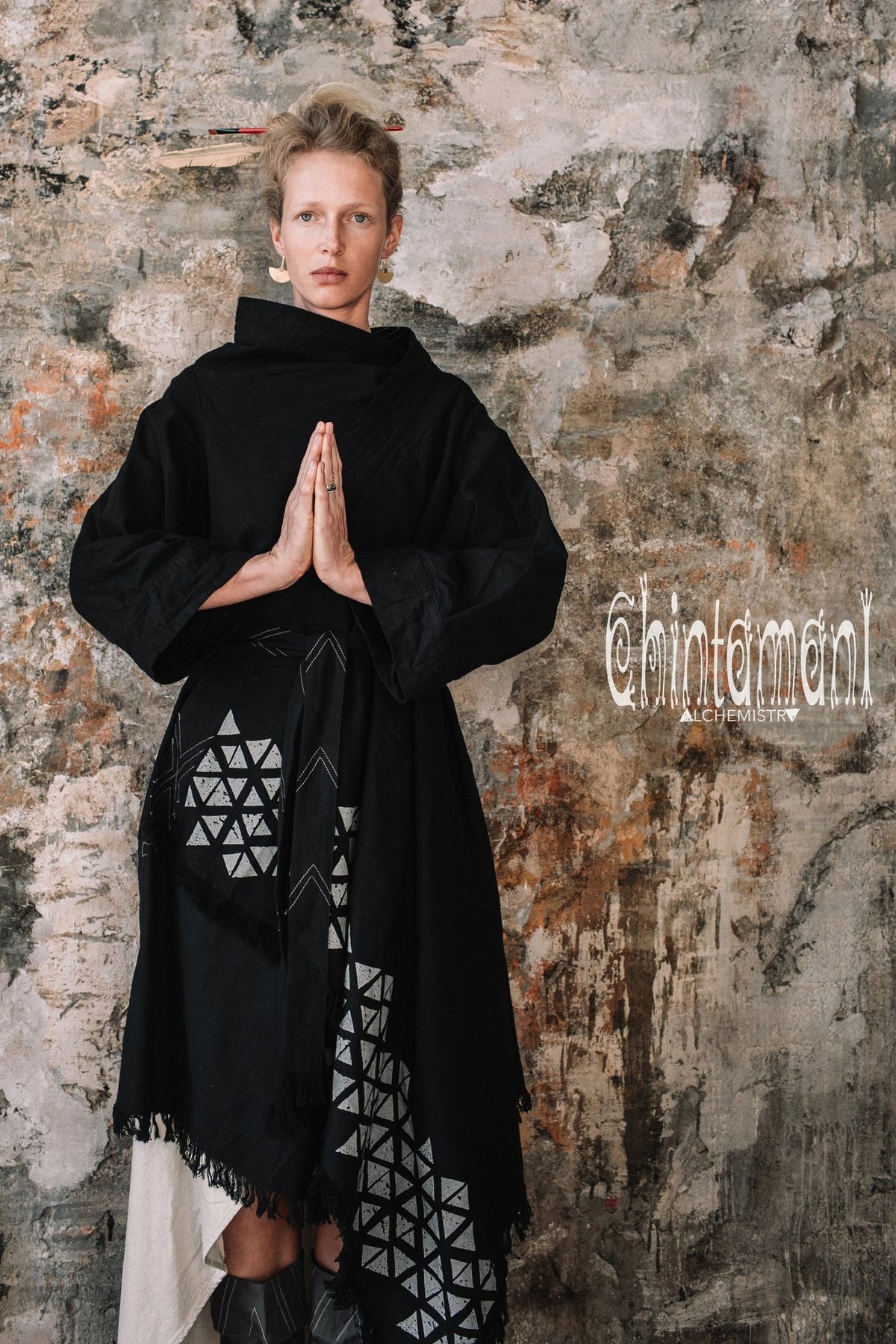 Asymmetric Huge Mantle Cardigan for Women / Raw Cotton Kimono Wrap / Black - ChintamaniAlchemi