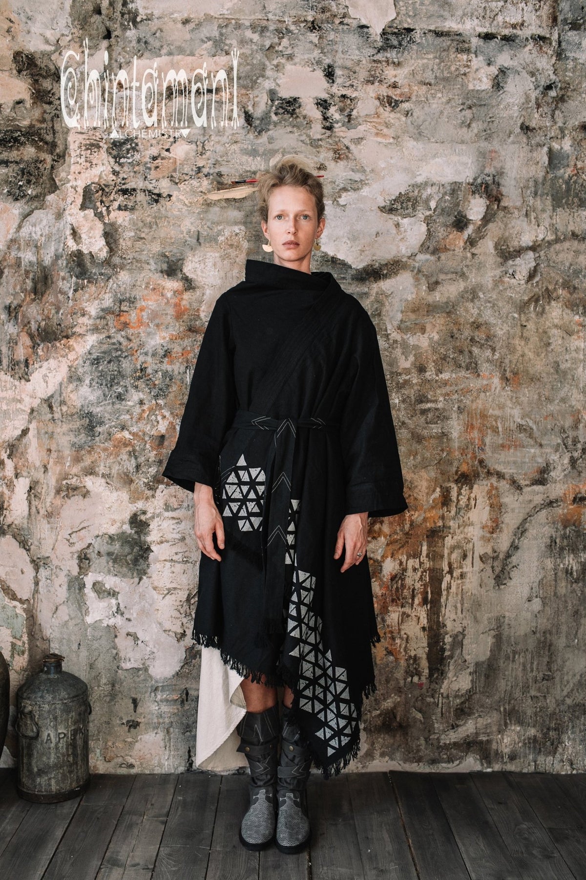 Asymmetric Huge Mantle Cardigan for Women / Raw Cotton Kimono Wrap / Black - ChintamaniAlchemi