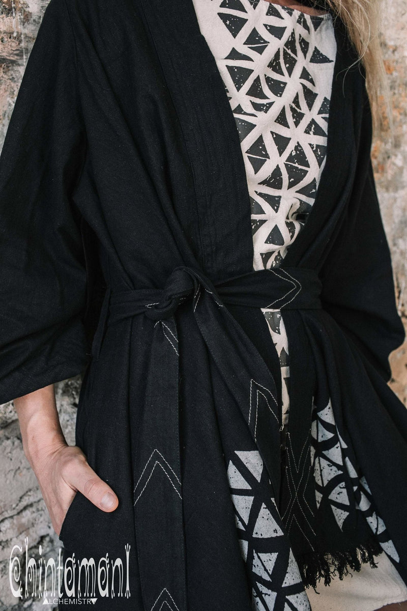 Asymmetric Huge Mantle Cardigan for Women / Raw Cotton Kimono Wrap / Black - ChintamaniAlchemi