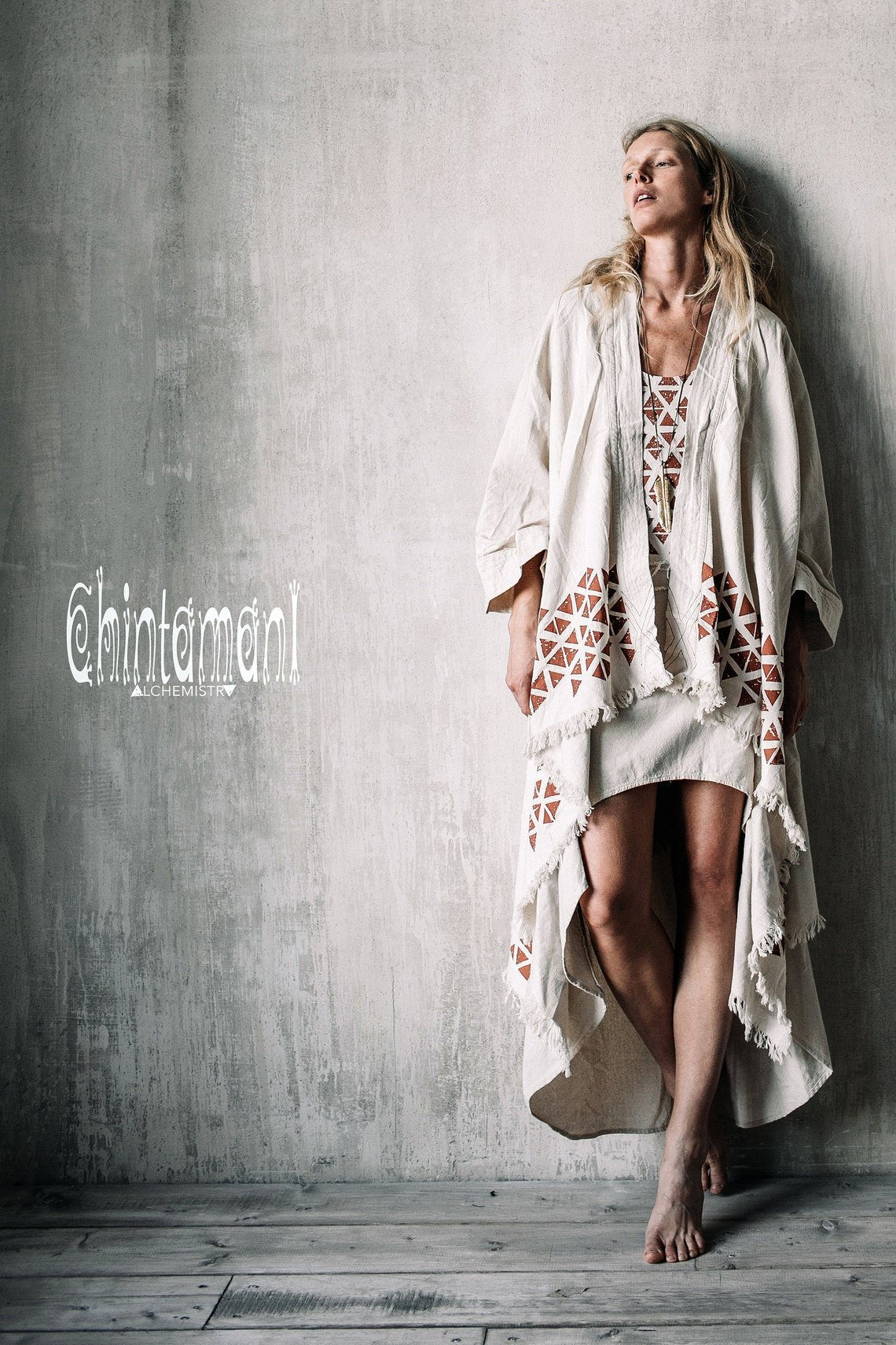 Asymmetric Huge Mantle Cardigan for Women / Raw Cotton Kimono Wrap / Off White - ChintamaniAlchemi