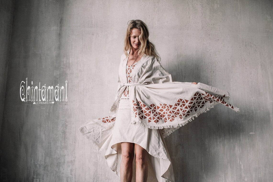 Asymmetric Huge Mantle Cardigan for Women / Raw Cotton Kimono Wrap / Off White - ChintamaniAlchemi