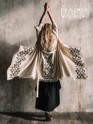 Asymmetric Huge Mantle Cardigan for Women / Raw Cotton Kimono Wrap / Off White - ChintamaniAlchemi