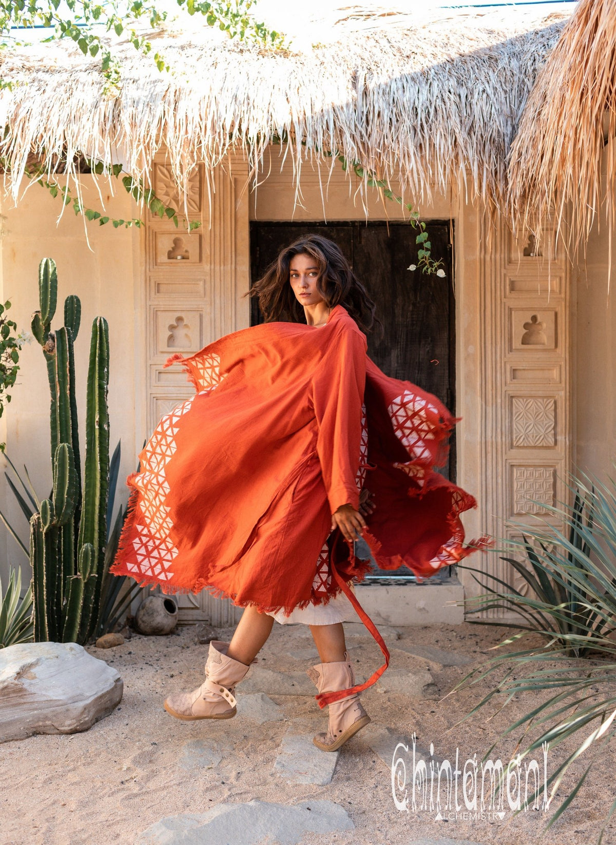 Asymmetric Huge Mantle Cardigan for Women / Raw Cotton Kimono Wrap / Red Ochre - ChintamaniAlchemi