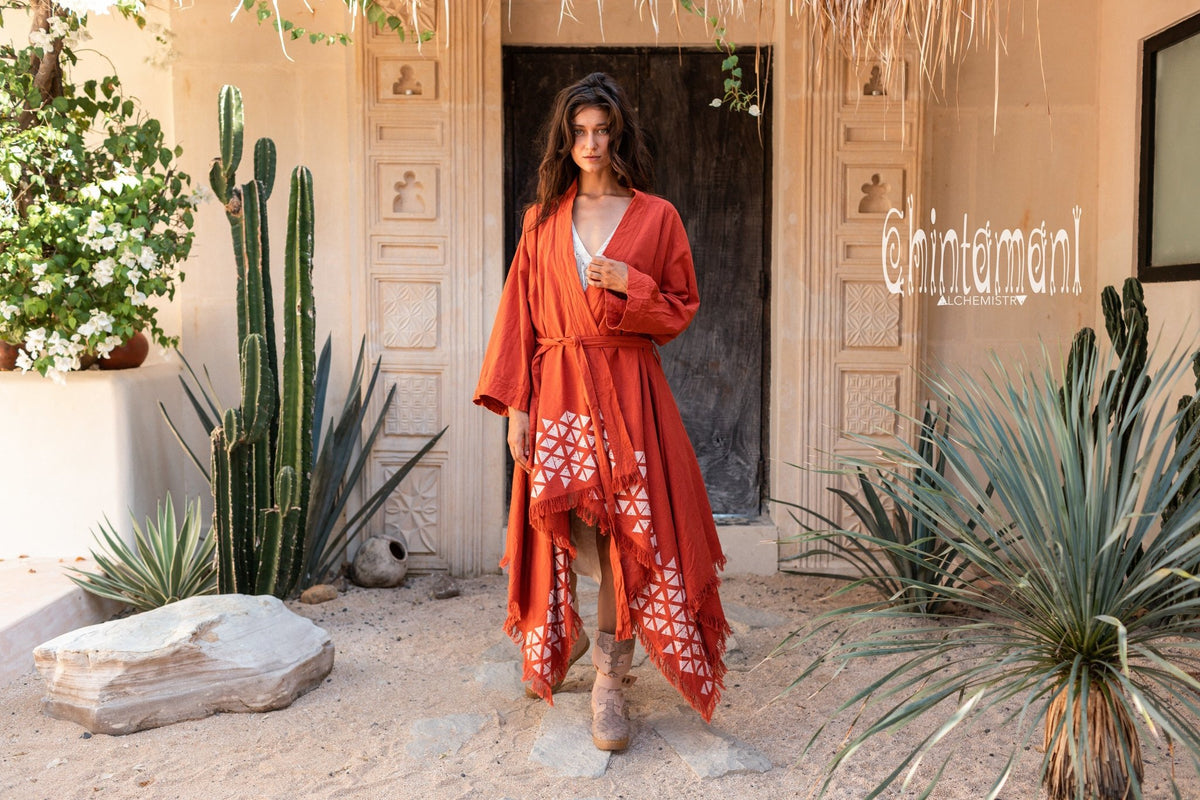 Asymmetric Huge Mantle Cardigan for Women / Raw Cotton Kimono Wrap / Red Ochre - ChintamaniAlchemi