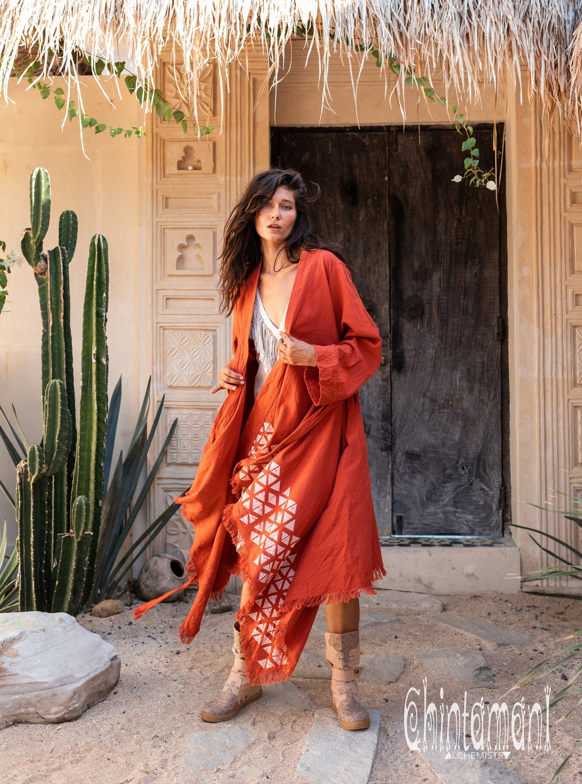 Asymmetric Huge Mantle Cardigan for Women / Raw Cotton Kimono Wrap / Red Ochre - ChintamaniAlchemi