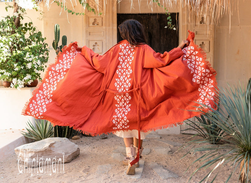 Asymmetric Huge Mantle Cardigan for Women / Raw Cotton Kimono Wrap / Red Ochre - ChintamaniAlchemi
